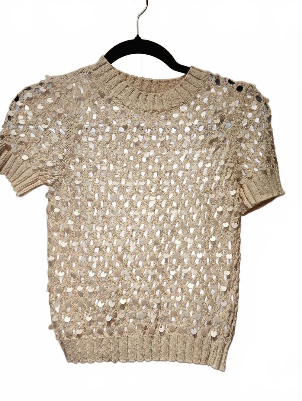 J. Crew Sequin Pointelle Short Sleeve Sweater Sequin And Pearls Cropped XXS